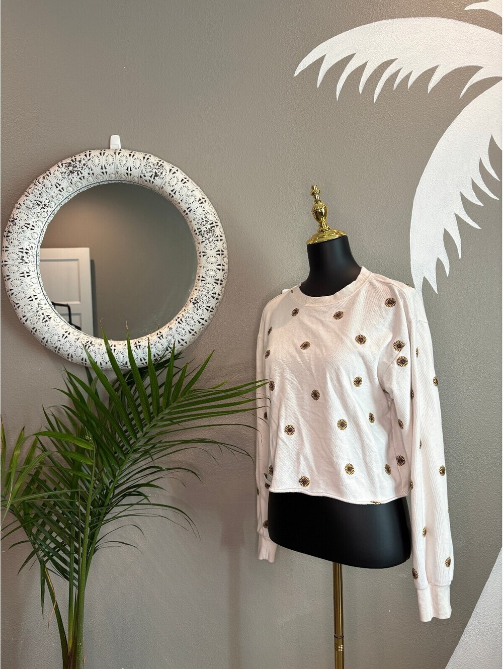 White Long Sleeve Pullover Sweatshirt with Embroidered Yellow Flowers
